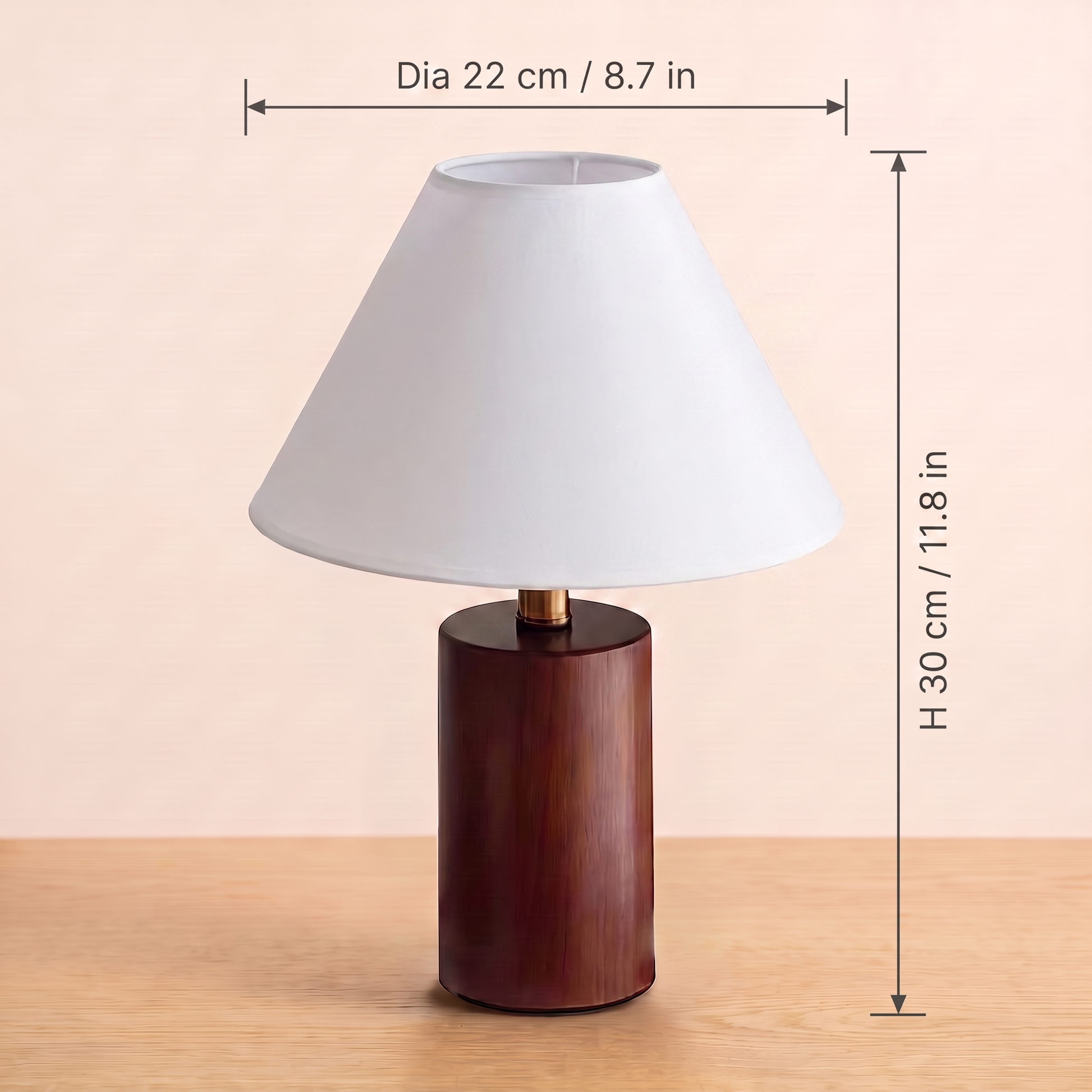 Retro Wood Table Lamp with the white shade, dimensions 22cm diameter and 30cm tall