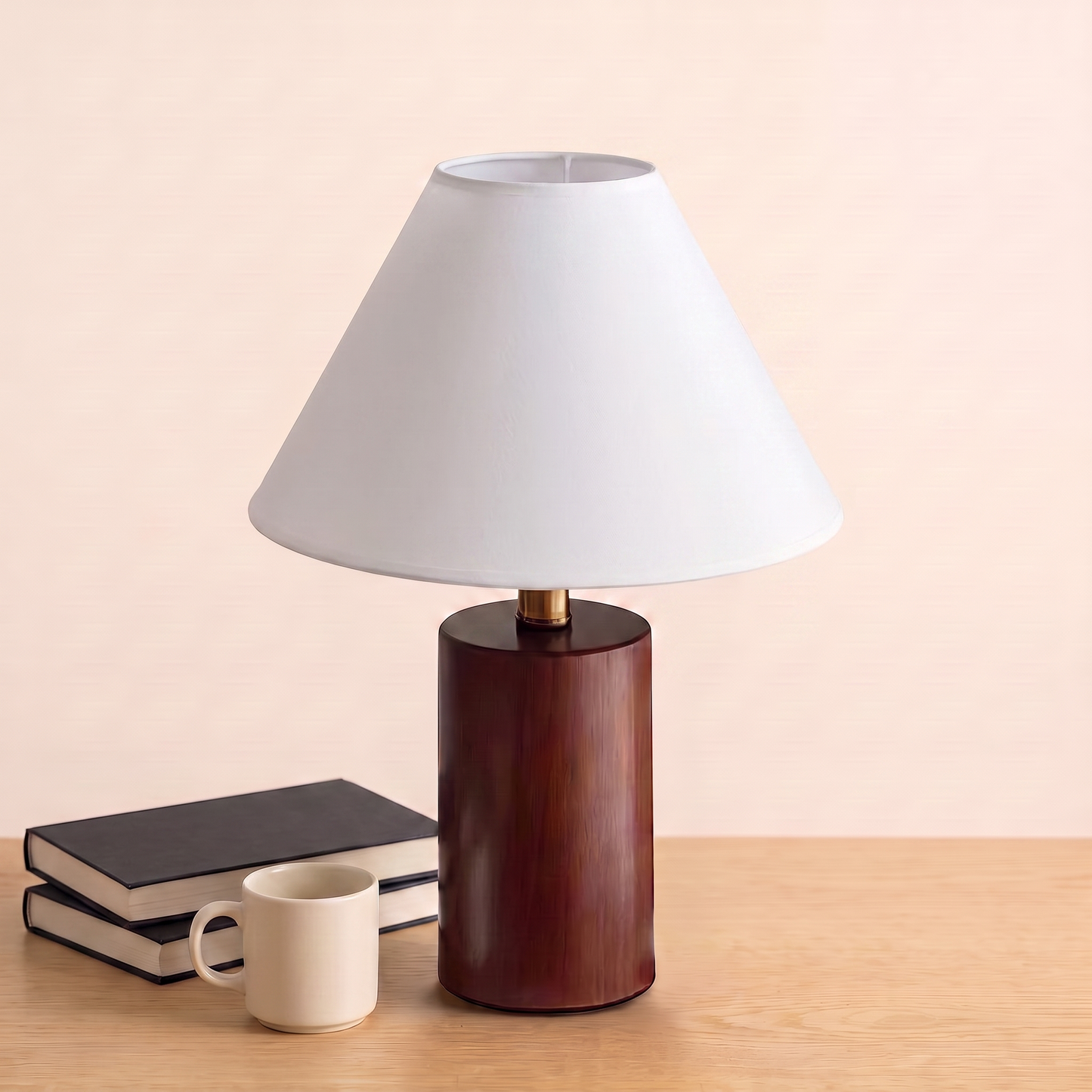 Retro Wood Table Lamp with the white shade, beside books and a mug to show its size