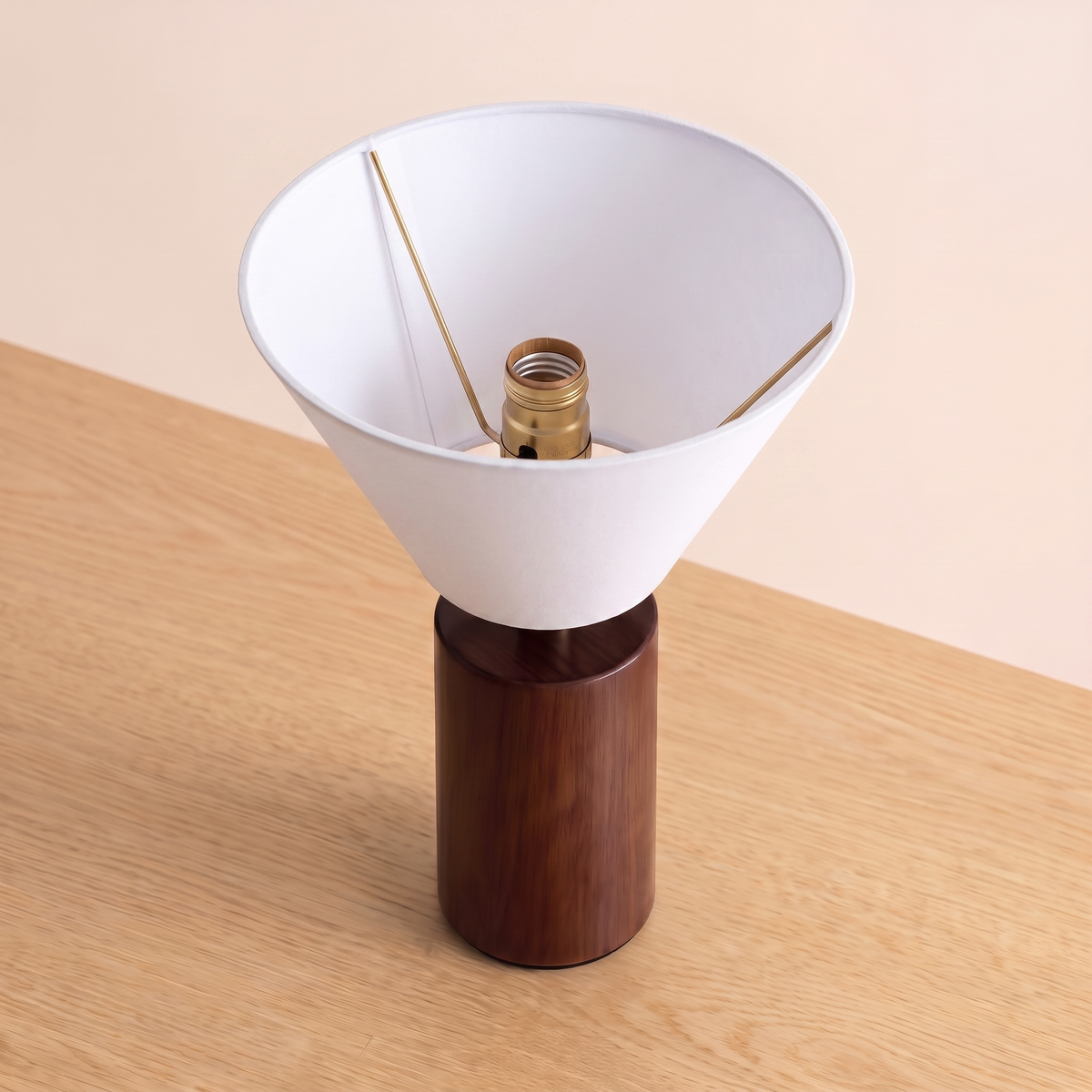 Retro Wood Table Lamp with the white shade, seen from above showing the shade opening