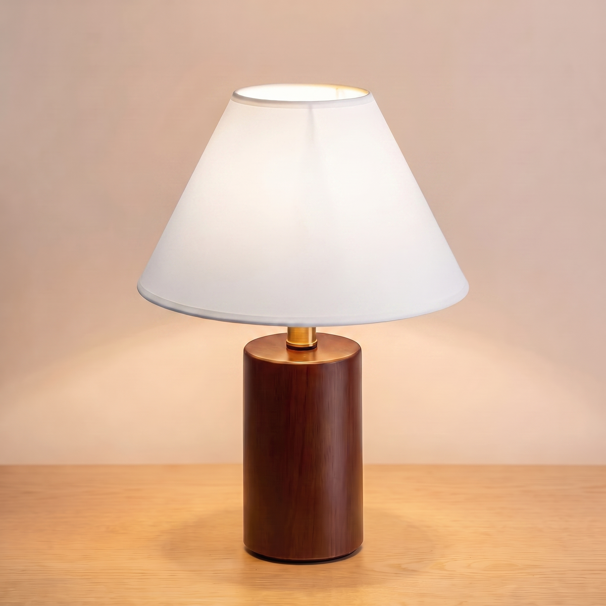Retro Wood Table Lamp with the white shade, switched on with a warm glow