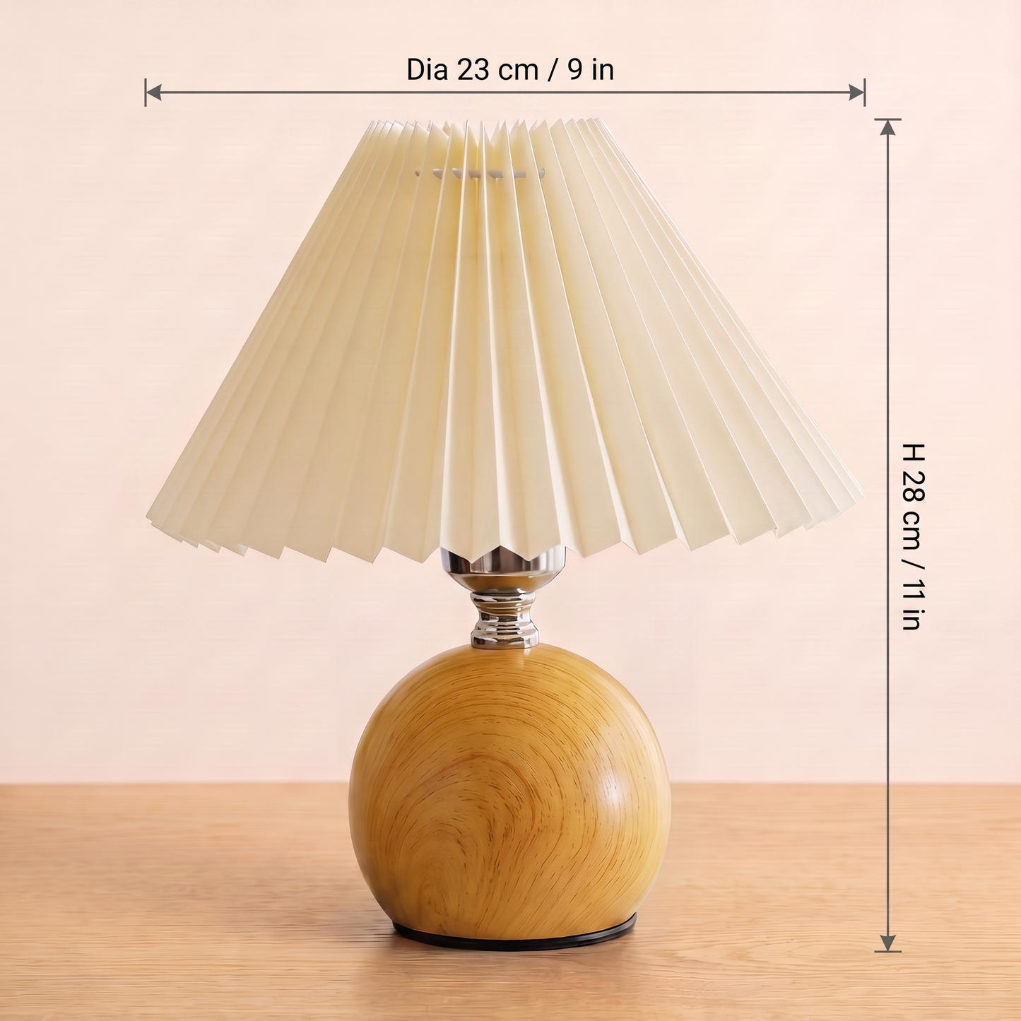 Retro Nordic Pleated Table Lamp with the rubberwood base, dimensions 23cm shade diameter and 28cm tall