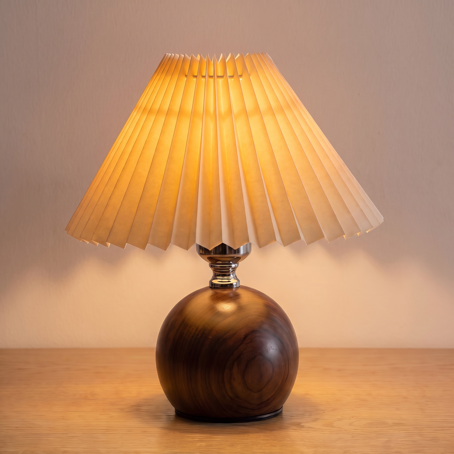 Retro Nordic Pleated Table Lamp, walnut base, switched on with a warm glow