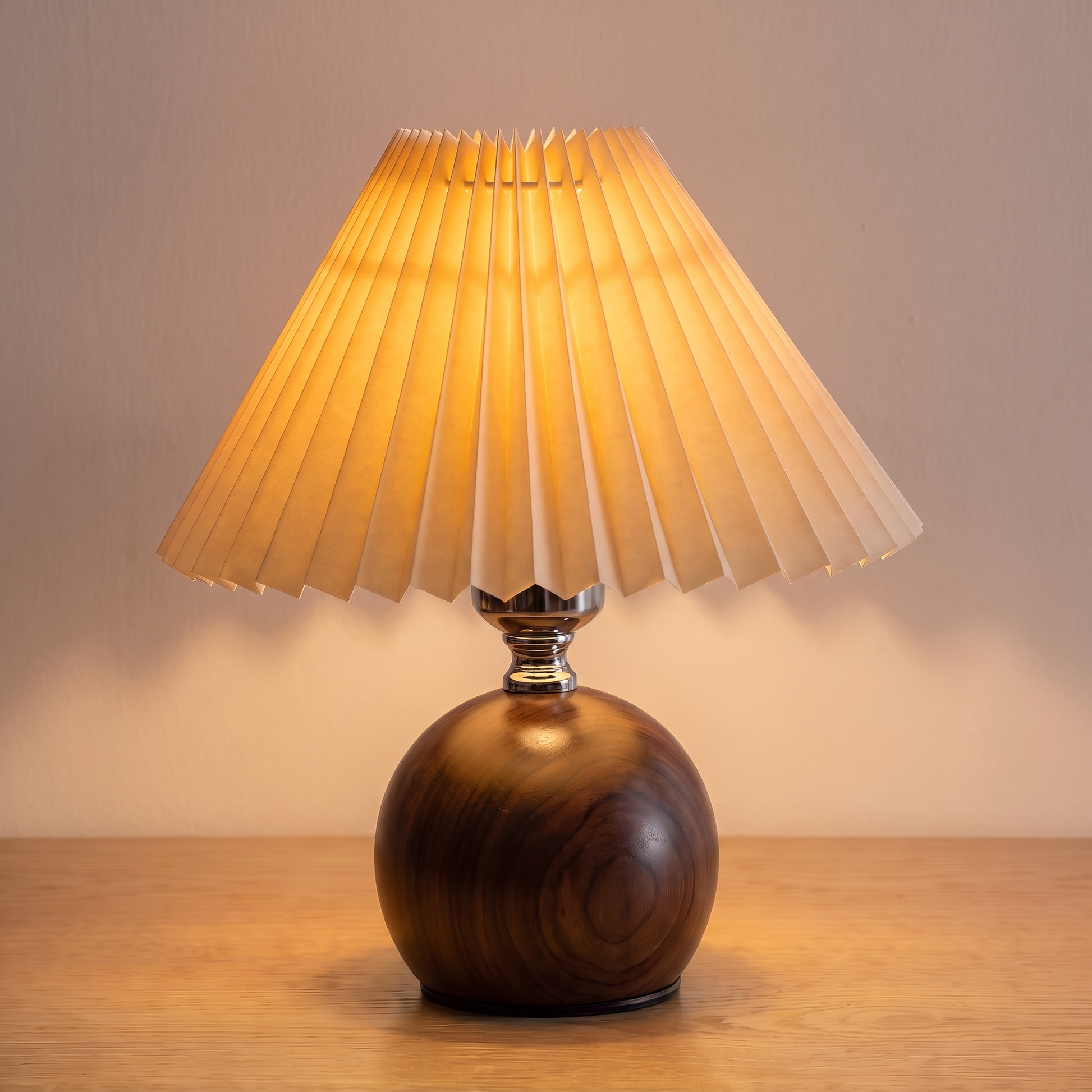 Retro Nordic Pleated Table Lamp, walnut base, switched on with a warm glow