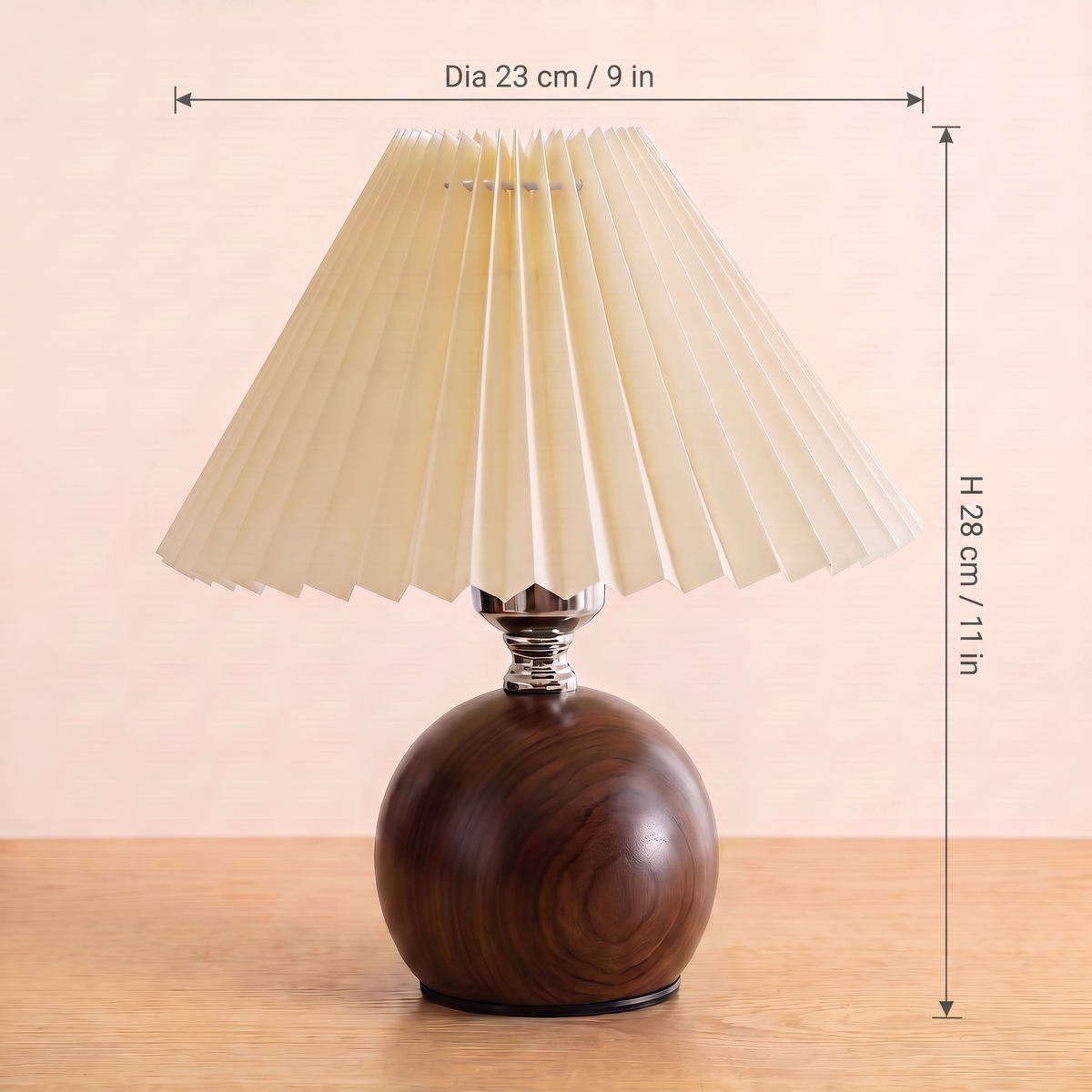 Retro Nordic Pleated Table Lamp dimensions, 23cm shade diameter and 28cm tall