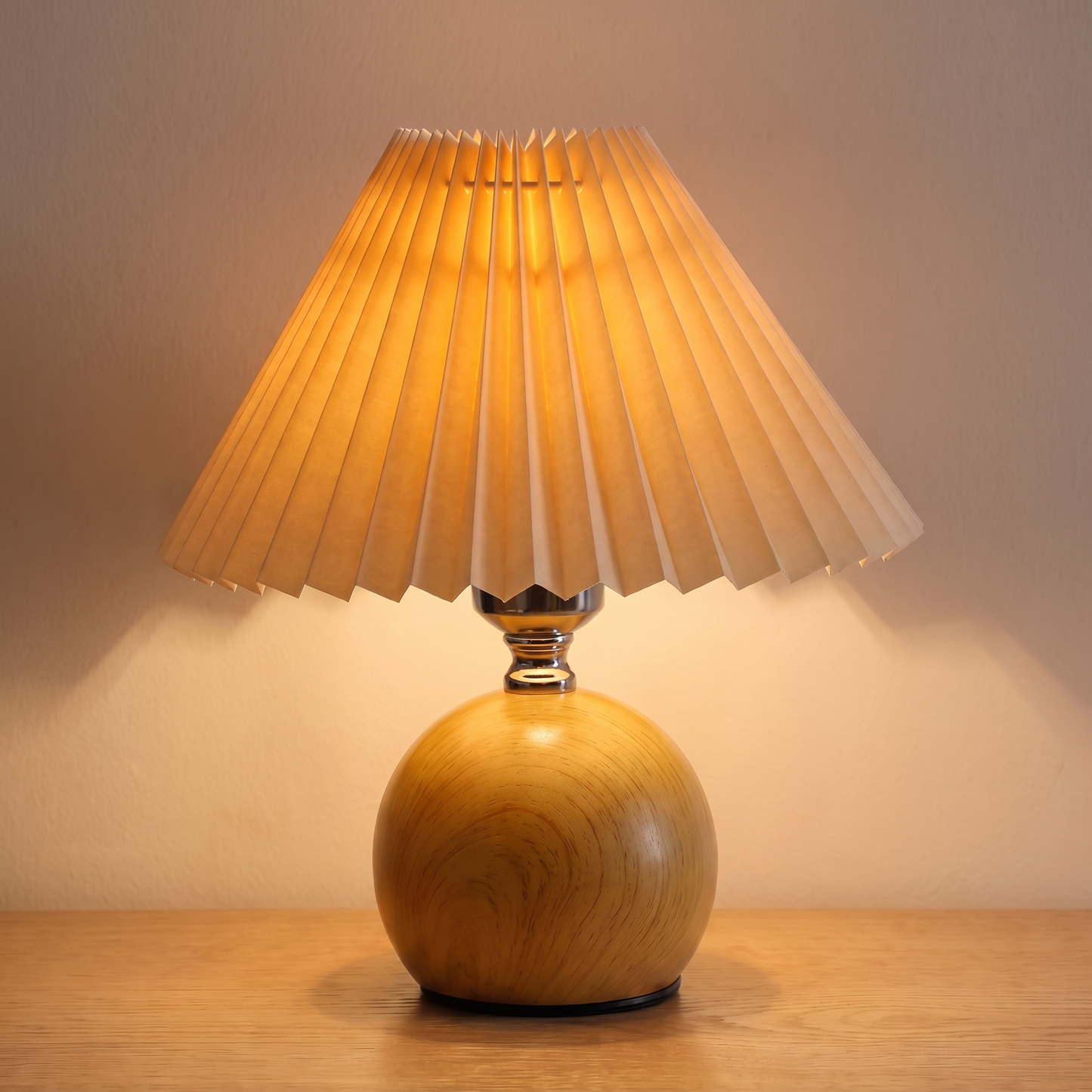 Retro Nordic Pleated Table Lamp, rubberwood base, switched on with a warm glow