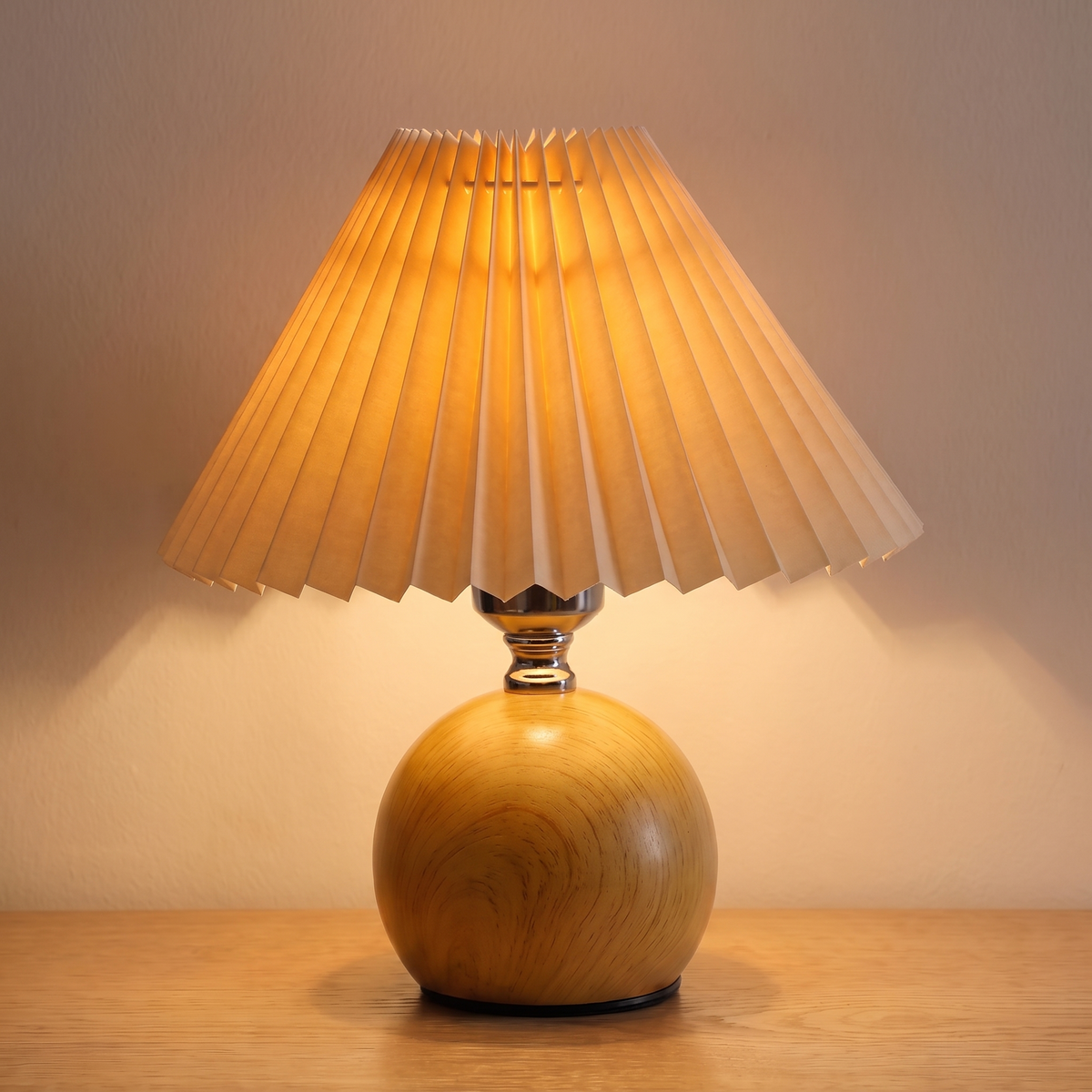 Retro Nordic Pleated Table Lamp, rubberwood base, switched on with a warm glow