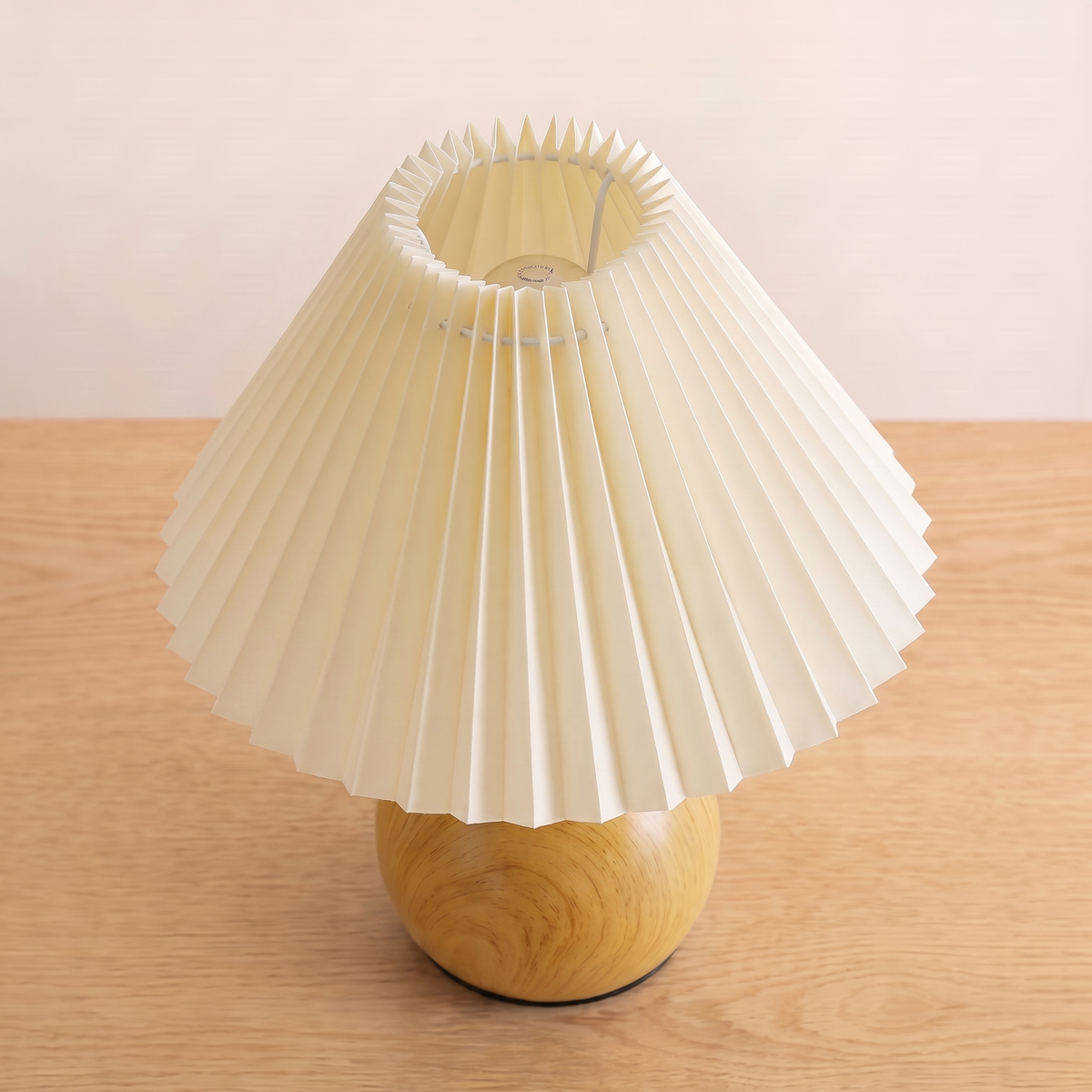 Retro Nordic Pleated Table Lamp, rubberwood base, seen from above showing the pleated shade