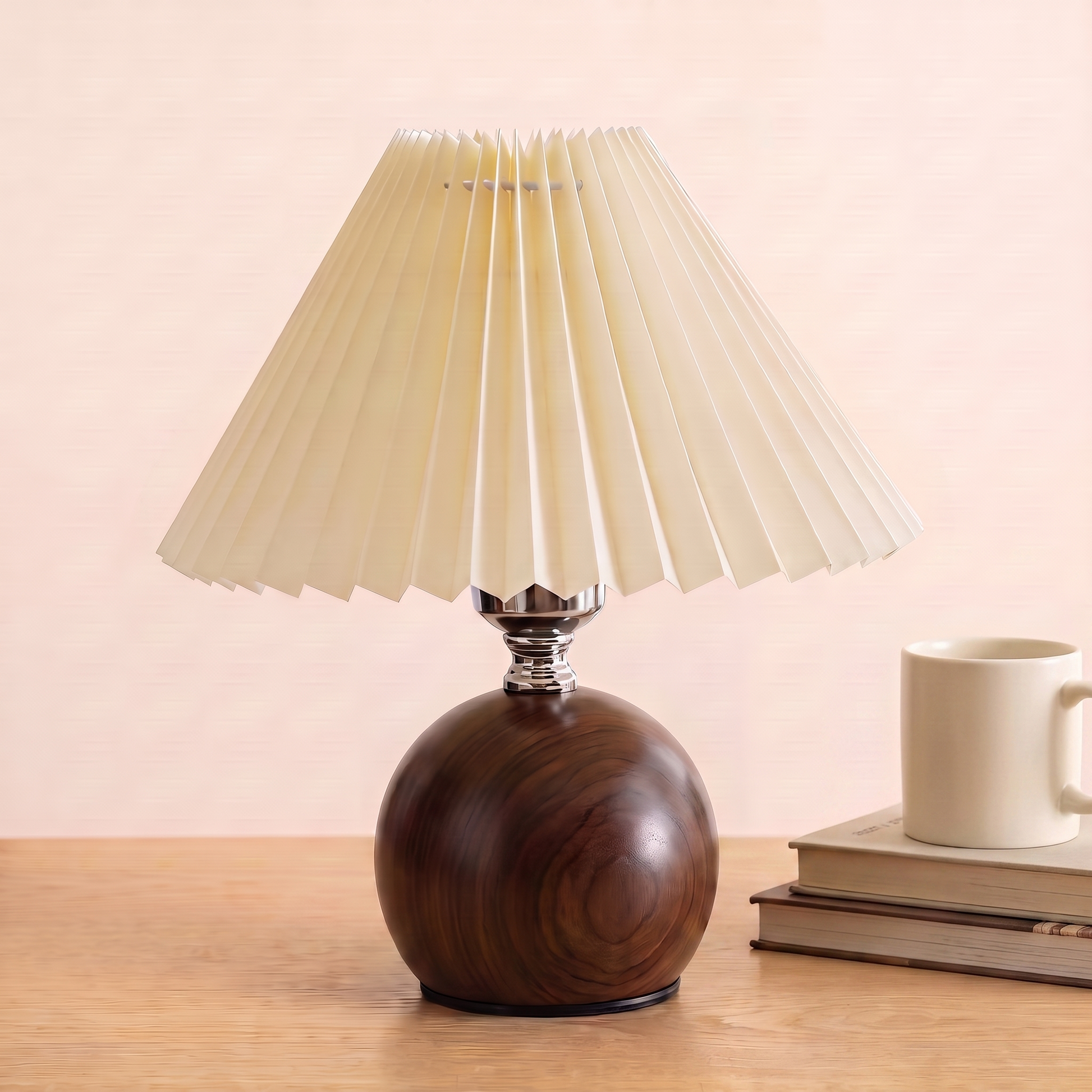 Retro Nordic Pleated Table Lamp, walnut base, beside books and a mug to show its size