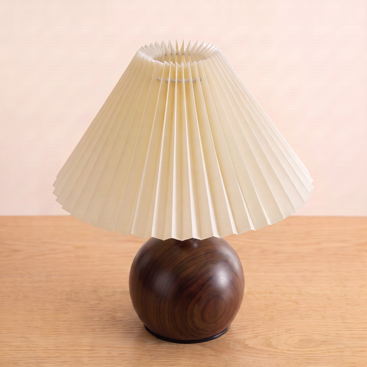 Retro Nordic Pleated Table Lamp, walnut base, seen from a raised angle showing the pleated shade