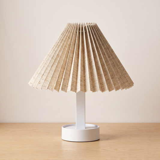 Adjustable Dual-Shape Retro Table Lamp in beige linen, opened into the lamp shape