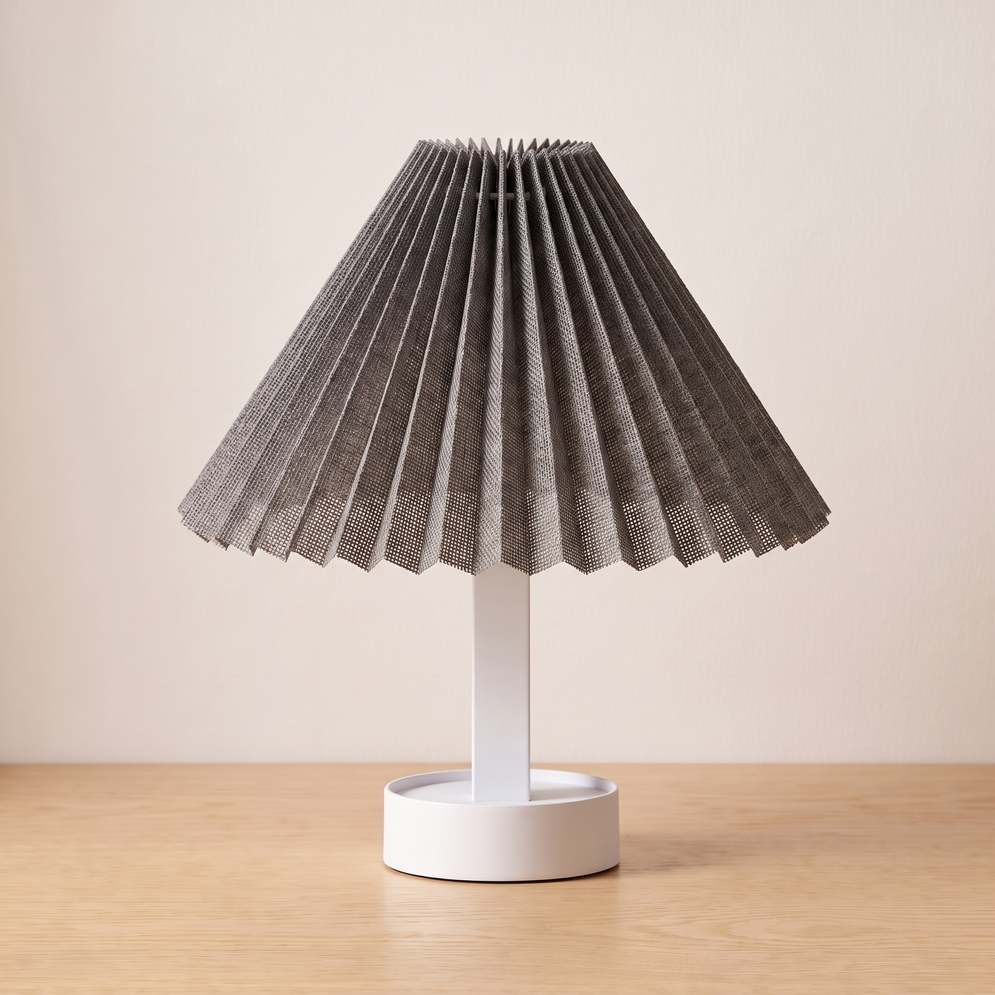 Adjustable Dual-Shape Retro Table Lamp in grey woven fabric, opened into the lamp shape